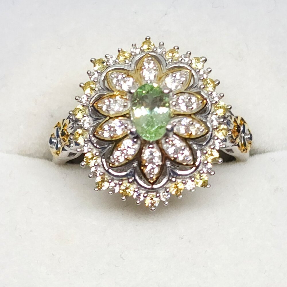 Brazilian Mint Garnet, Yellow Sapphire & Zircon ring in 18K YG & Rhodium/925 SS